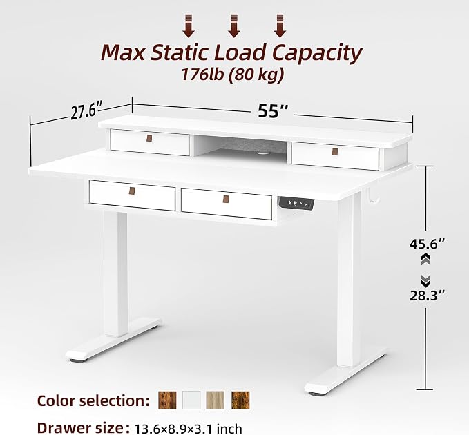 TIQLAB 55 * 28 Inch Standing Desk with Four Drawers, Electric Sit Stand Table, Stand Up Desk Adjustable Height with Storage Shelf, Splice Board, White