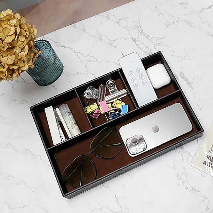UnionBasic Flat 4-Slot Leather Desk Drawer Tray Stationery Sundries Gadget Organizer Storage Box Pen Pencil Holder Case Container (Brown)