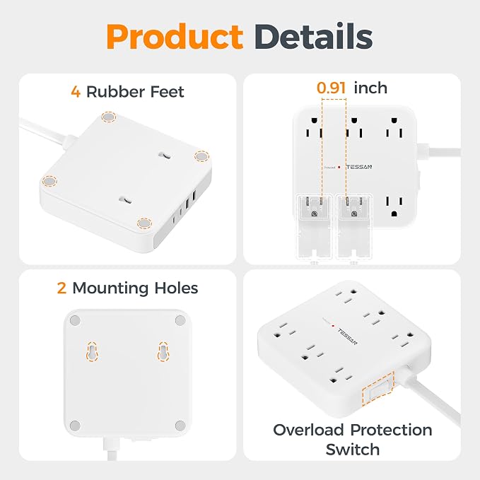 TESSAN 10Ft Grey Extension Cord with Multiple Outlets, Surge Protector Power Strip with 6 Outlets and 4 USB Ports (2 USB C), 2100 Joules Protection, Flat Plug, Outlet Extender for Home, Office, Dorm