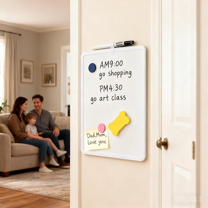 MXG Double Sided Modern White Frame Small White Board Dry Erase, 8x12 Inch Portable Whiteboard for Fridge, Wall & Desk, Includes Magnets, Marker & Eraser, for Office, Classroom, & Business