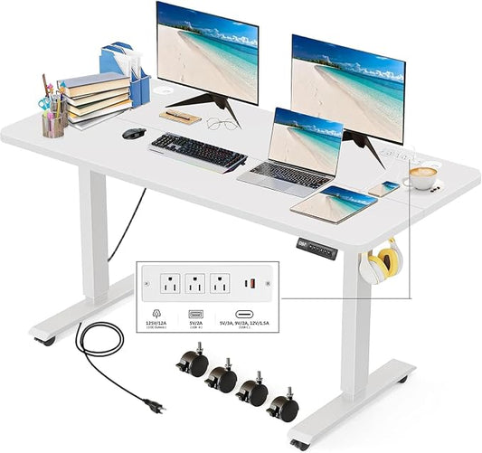Electric Standing Desk with Power Outlets and USB-C Port, 48 x 24 Inches Adjustable Height Sit Stand Up Desk for Home Office, Adjustable Desk with Memory Preset and Wheels, White