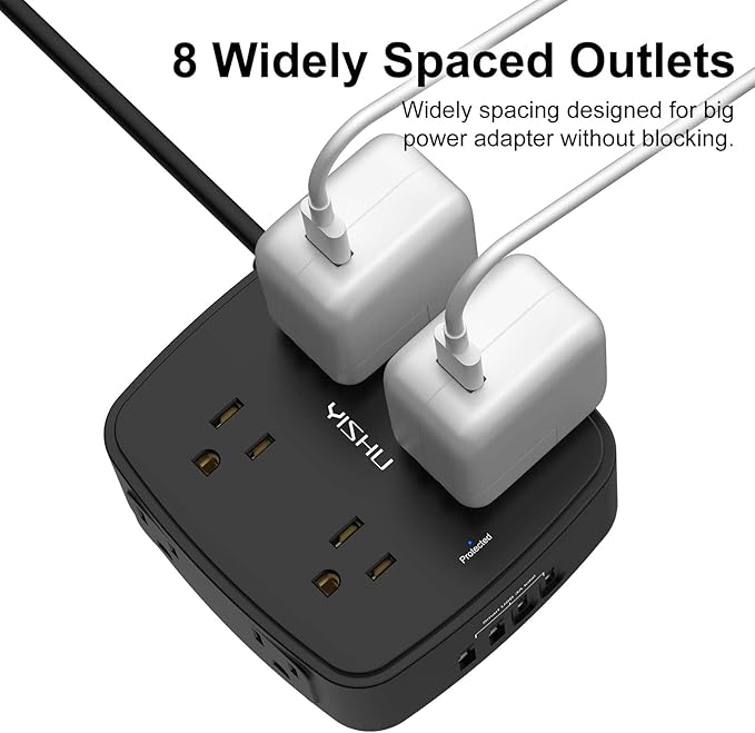 5Ft Surge Protector Power Strip - 8 Widely Outlets with 4 USB Ports, 3 Side Outlet Extender with 5 Feet Extension Cord, Flat Plug, Wall Mount, Desk USB Charging Station, ETL,Black