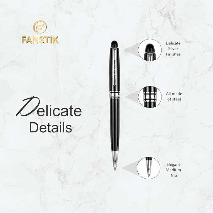 FANSTIK Customized BallPoint pen with name (MADE IN USA), stainless steel, black and silver, luxury engraved pen personalized for men and for women. (BallPoint Black-Silver)