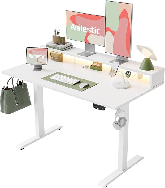 Agilestic 55 x 24 Inch Electric Standing Desk with Shelf, Height Adjustable Desk with Power Outlets & LED, Sit Stand Up Table with Monitor Stand, Computer Workstation, White
