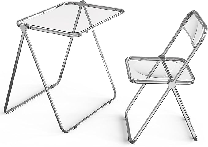 VINGLI Folding Acrylic Table and Chair Set Small TV Tray for Snack Dinner on Couch, Tiny Foldable Desk Writing Desk for Home Office for Small Spaces