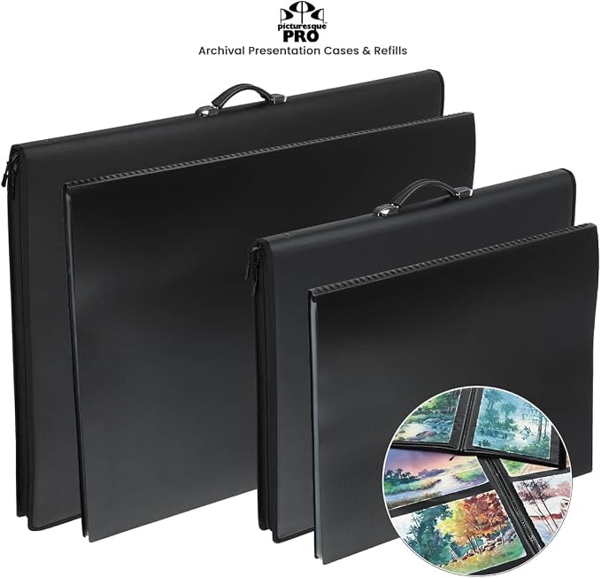 Picturesque Pro Presentation Case- Professional Art Portfolio Folder for Artwork up to 24x36- Vegan Leather Zippered Case, Archival Storage Solution w/Removable Spiral-Bound Book of 20 Clear Sleeves