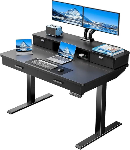 HUANUO 48 x 30 inch Electric Standing Desk with 2 Wood Drawers, Adjustable Height Sit Stand Desk for Home Office, Ergonomic Stand up Desk with 4 Memory Presets, 176 lbs Capacity, Black Top