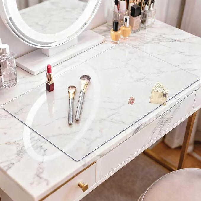 LovePads Clear Makeup Mat for Vanity, 14 x 24 Dual-Sided Desk Pad & Vanity Cover Top, Waterproof PVC Protector Mat for Dresser, Nail Art, Craft Table