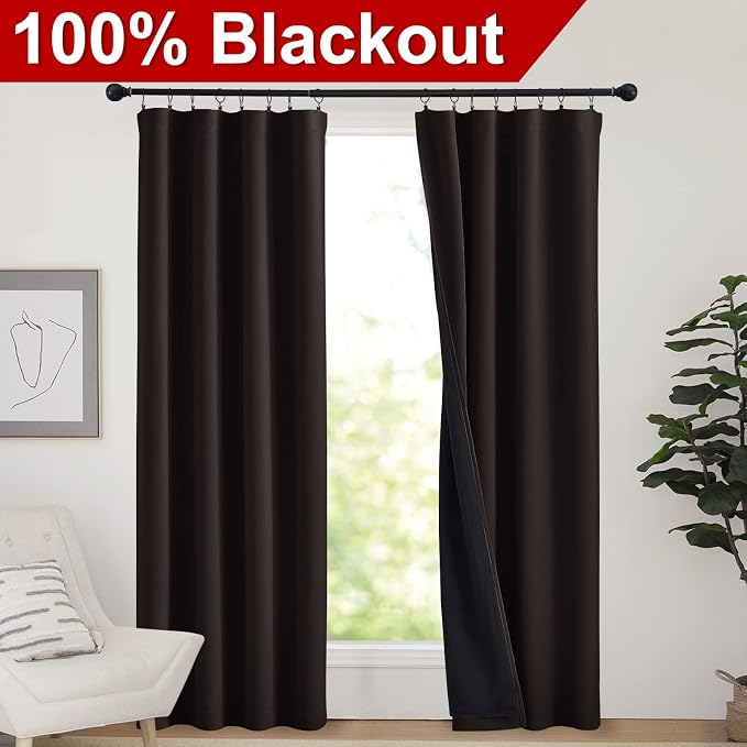 NICETOWN High End Thermal Curtains, Full Blackout Curtains 84 Inches Long for Dining Room, Soundproof Window Treatment Drapes for Hall Room, Brown, 42 inches Wide Per Panel, Set of 2 Panels