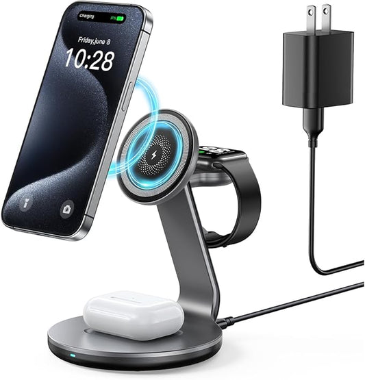 3 in 1 Charging Station Compatible with Magsafe Charger Wireless Charger Stand for iPhone 17 16e 16 15 14 13 12 Wireless Charging Station for AirPods Wireless Charging Stand for iWatch Series