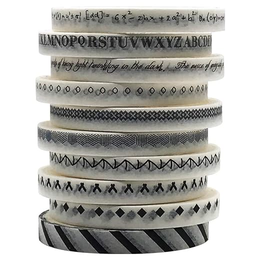 5mm Wide Slim Washi Tapes Set,10 Rolls Minimalist Black White Style Japanese Masking Decorative Tapes for Bullet Journal Planners DIY Decor Crafts Arts Scrapbooking Adhesive