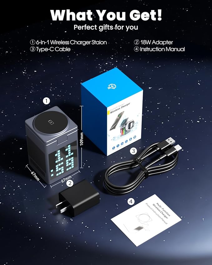 Vivilumens 3-in-1 Wireless Charging Station with Bluetooth Speaker, Digital Alarm Clock, Pixel Display for MagSafe iPhone 17/16/15, Apple Watch, AirPods, Fast Charging, Compact Desk Organizer