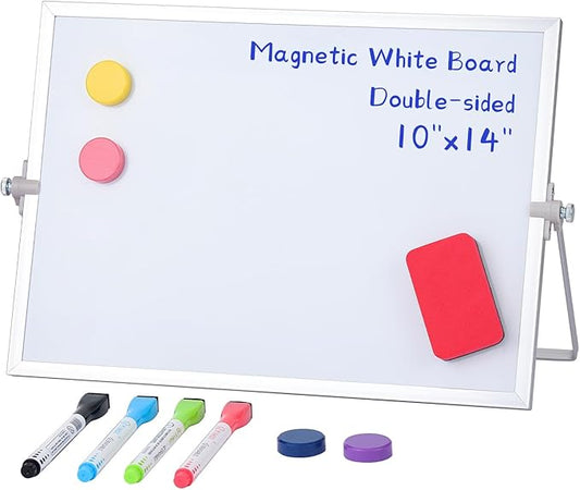 MXG Magnetic White Board Dry Erase, 10x14 Inch Double Sided Small Whiteboard with Stand, Includes 4 Markers, 4 Magnets & Eraser, Portable for Desktop, Wall, Office, & Classroom