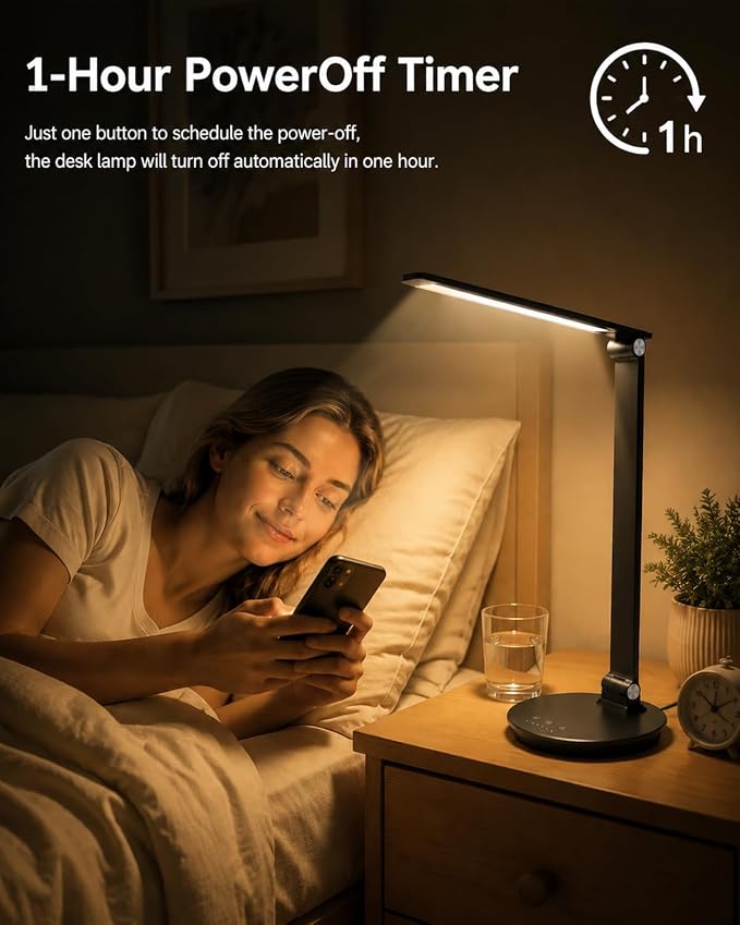 LED Desk Lamp with USB Charging Port, Touch Control, 6 Brightness Levels 6 Color Temperatures, Eye-Caring Desk Light with 1-Hour Timer, Adjustable Foldable Lamp for Home Office, Bedroom, Study