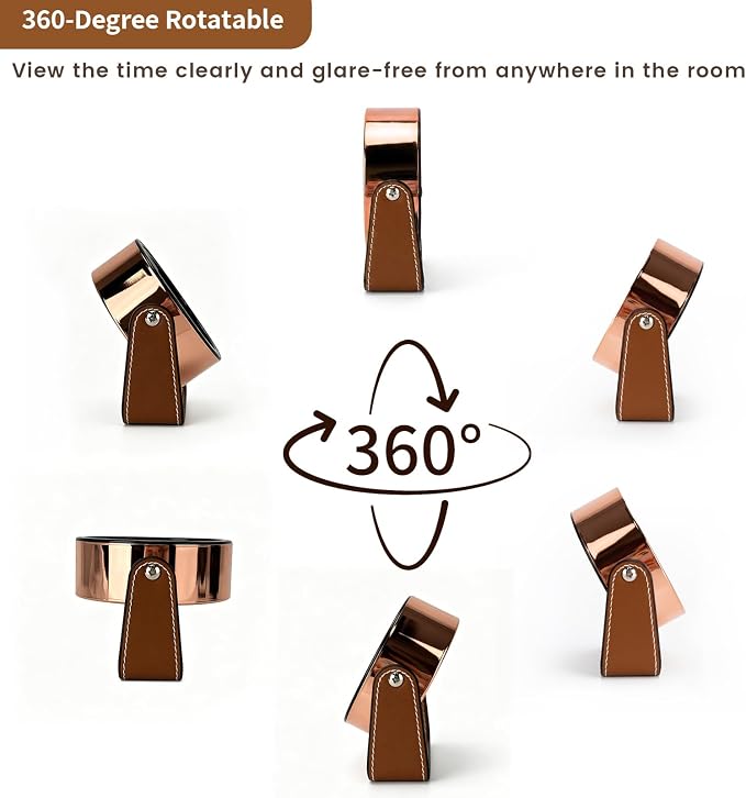 Analog Alarm Clock - 4.5" Silent Non Ticking Small Clock with Light, Rotatable Stand Metal Desk Clock Battery Operated, Simple Design for Living Room Decor/ Bedroom/Bedside/Shelf (Rose Gold & Brown)
