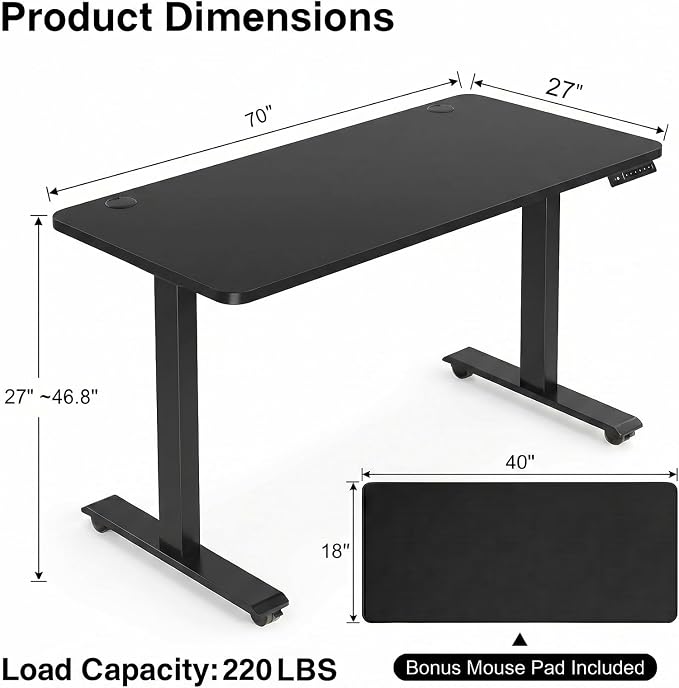 Electric Standing Desk 71 x 28 Inches Adjustable Height Sit Stand Up Desk for Home Office Computer Desk Memory Preset with Wheels, Black
