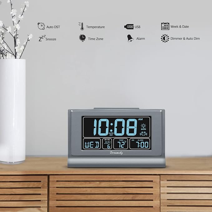 DreamSky Alarm Clocks for Bedrooms with Battery Backup, Auto Set | Digital Clock with Date & Day of Week, 5 Inch Large Display, Weekday, Temperature, USB Port, Auto DST, Brightness Dimmer