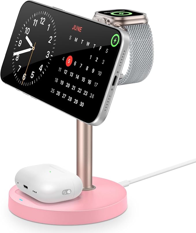 3 in 1 Magnetic Wireless Charging Station, 15W Charger for iPhone, Pink | Compatible with iPhone 12-17 Series, Apple Watch & AirPods, Charges 3 Devices Together, 18W Adapter Included, 3-Year Warranty