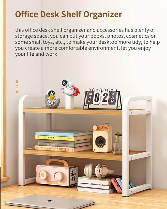Office Desk Shelf Organizer, Wood Desktop Bookshelf Supplies Storage Rack, Shelf for Top of Desk and Dresser and Cubicle Decor Aesthetic Bookshelf (Black Wood-Two Tier)