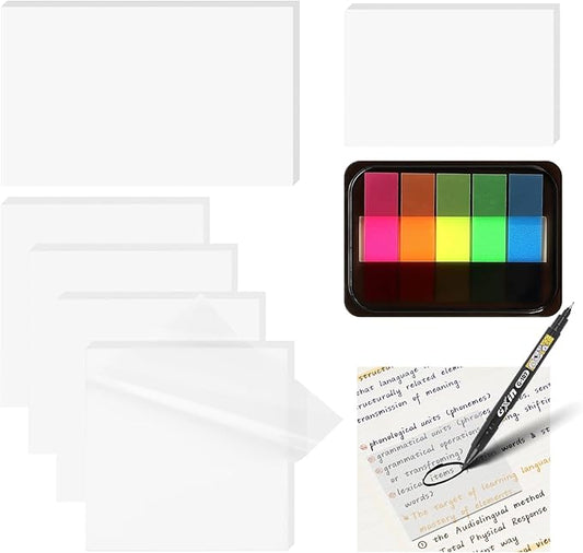 Transparent Sticky Notes with Index Tabs + Marker Pen, MEIGAONE Waterproof PET Clear Sticky Note Sets, Strong Adhesion, 8 Pack Translucent Sticky Note for Study, Book,Office,School Supplies