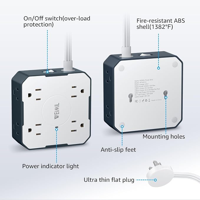 Surge Protector Power Strip, 5 Ft Flat Plug Extension Cord with 3 USB Charger(1 USB C Port) and 8AC Outlets, Wall Mountable Multi Plug Outlet Extender for Home Office