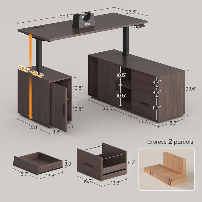 L Shaped Electric Standing Desk with 3 Drawers and Power Outlet, 55.1" x 47.2" Height Adjustable Home Office Executive Desk with File Cabinet and Storage Shelves, Modern Large Business Computer Table