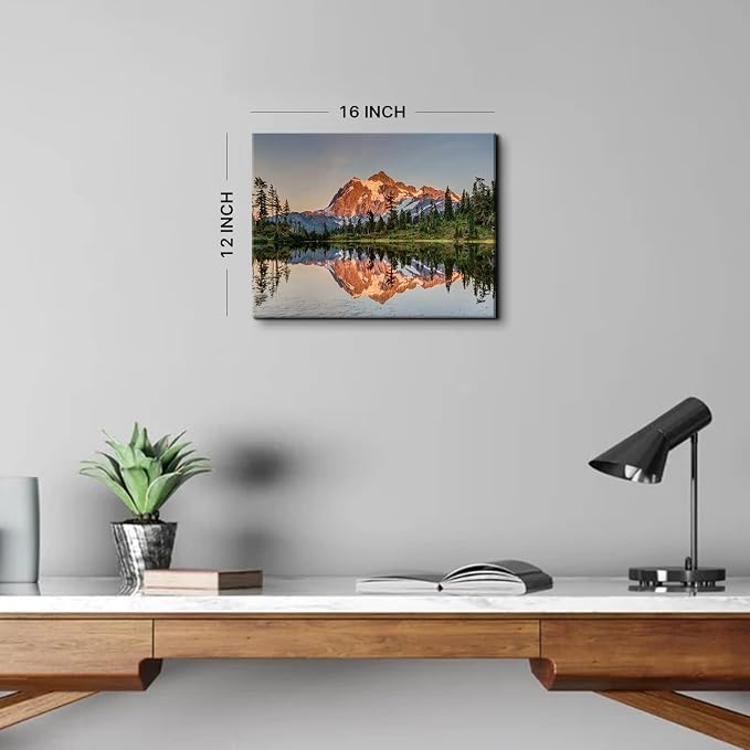 Mt Baker Mountain Wall Art Sunset Forest Landscape Wall Decor Nature Mount Shuksan Picture Canvas Prints National Parks Posters Lake Reflection Painting Artwork for Bedroom Office Decorations 16x24"