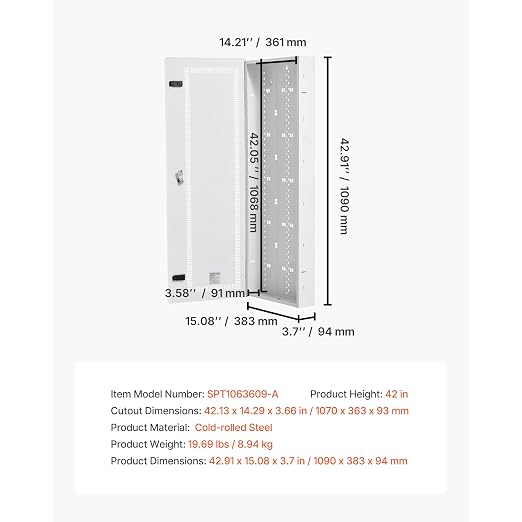 VEVOR Media Enclosure, 42-Inch, Structured Media Center with Vented Hinged Door, Cable Management Box, Structured Wiring Multi-Media Cabinet, Recessed Electrical Media Box, for Network Distribution