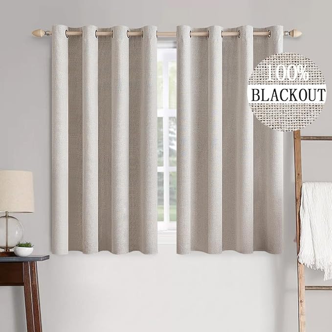 MIULEE 100% Blackout Linen Textured Curtains for Bedroom Solid Thermal Insulated Ivory Grommet Room Darkening Curtains & Drapes Luxury Decor for Living Room 52 x 54 Inch (2 Panels)