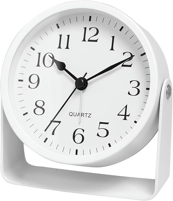 Analog Alarm Clock - 4.5" Silent Non Ticking Small Clock with Light, Rotatable Stand Metal Desk Clock Battery Operated, Simple Design for Living Room Decor/ Bedroom/Bedside/Shelf (White-Arabic)
