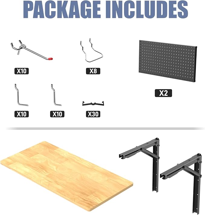 WALMANN Space Saving Wall Mounted Folding Workbench with Pegboard Kit, Heavy Duty Folding Wall Table/Desk for Garage, Workshop, Holds Up to 550 lbs(Tabletop Size: 47.25 x 22.75 in)