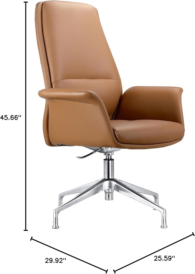 LeisureMod Mid-Century Modern Swivel Office Chair, Adjustable Height with Faux Leather Seat and Aluminum Frame, Acorn Brown