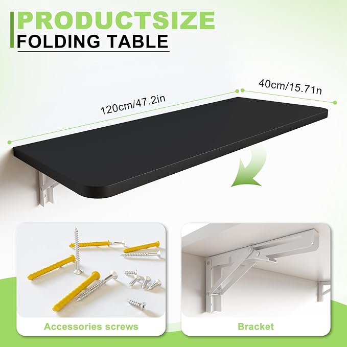 47.2" x 15.7" Wall Mounted Folding Table, Heavy Duty Foldable Computer Desk with Brackets, Wood Floating Desk for Kitchen Dining Room, Wall Desk Fold Down Workbench for Small Spaces (Black)