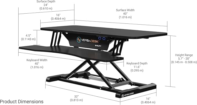 VERSADESK EvoLift 40" Electric Standing Desk Converter, Sit to Stand Motorized Desk Riser, 1-Button Easy Lift, Dual Monitor Workstation, Wide Keyboard Tray, Built-in Device Stand, Black