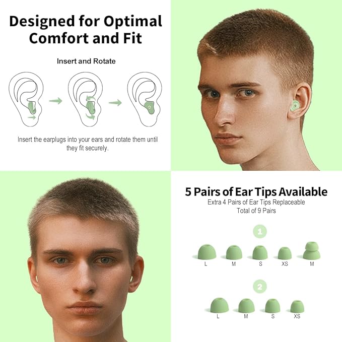 Ear Plugs for Sleeping Ultra-Comfy Silicone Earplugs for Concerts Noise Cancelling Reusable Noise Reduction Earbuds for Travel Focus Work 33-45dB Hearing Protection with 9 Tips & Case (Green)
