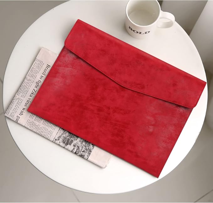 FYY File Folder - PU Leather A4 Document Holder File Organizer Filing Envelope Portfolio Case Tablet Sleeve with Magnetic Snap Closure for Home School Office Stationery Red