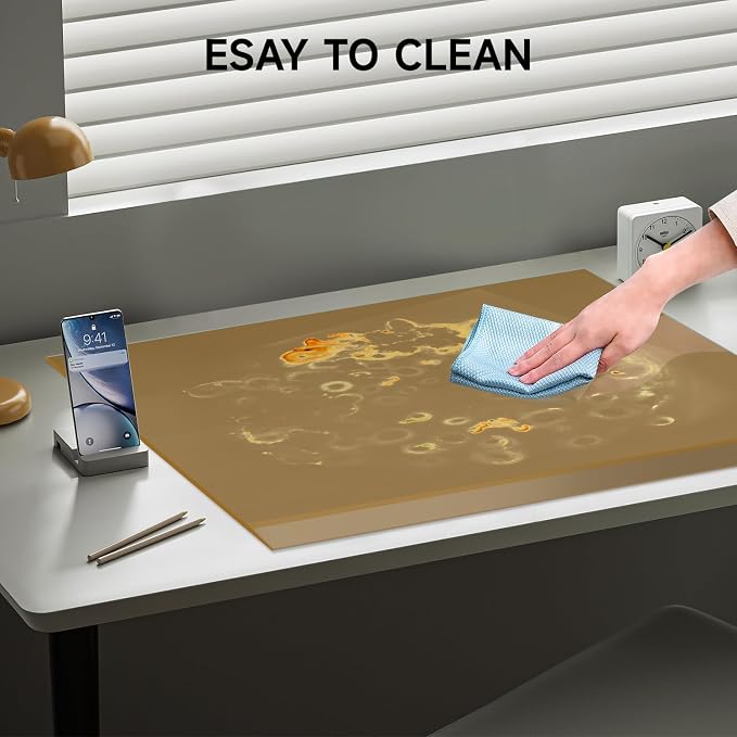 VASUHOME 24" x 18" Brown Tempered Glass Desk Mat with Beveled Edge - Ergonomic Desk Protector, Dry Erase Surface, Ideal Table Top Protector for Home & Office
