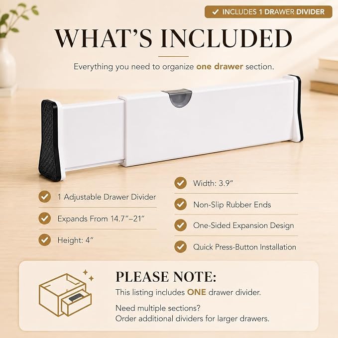 Adjustable Drawer Divider, 1 Pack, Expandable 14.7–21" Drawer Organizer with Non-Slip Ends, Easy Install for Kitchen Drawers, Dressers, Closets & Home Storage, White