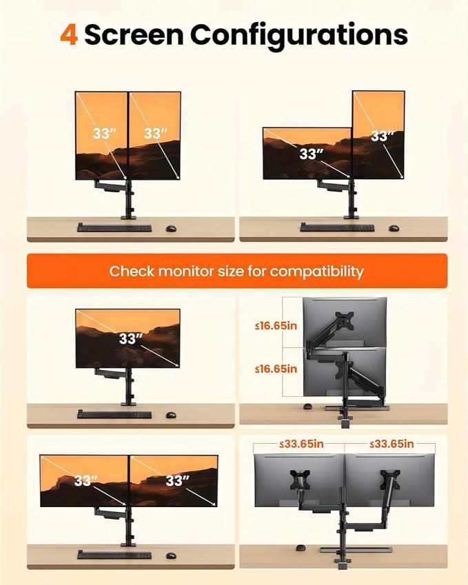 ErGear Dual Monitor Stand, Stacked Monitor Mount for 13-33″ Screens, Up to 19.8 lbs/Arm, Enhanced Stability with Integrated C-Clamp, Upgraded Cable Management, VESA 75x75/100x100mm, Home Office Gaming