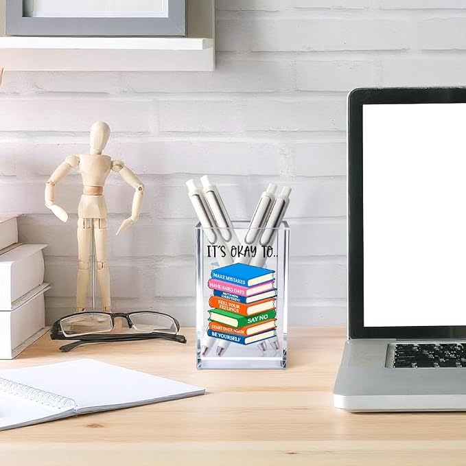 It's Okay To Make Mistakes Acrylic Cosmetic Pencil Pen Holder Cup, Motivational Desk Organizer Accessory for Office School, Inspirational Quote Gifts for Women Book Lover Coworker Sister Teacher