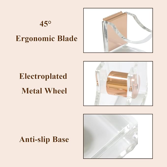 Rose Gold Clear Acrylic Tape Dispenser, Heavy Duty Non-Slip Desk Tape Dispenser with Serrated Stainless Steel Blade, Single Hand Dispensing Tape Holder for Office Home School Gift Wrapping