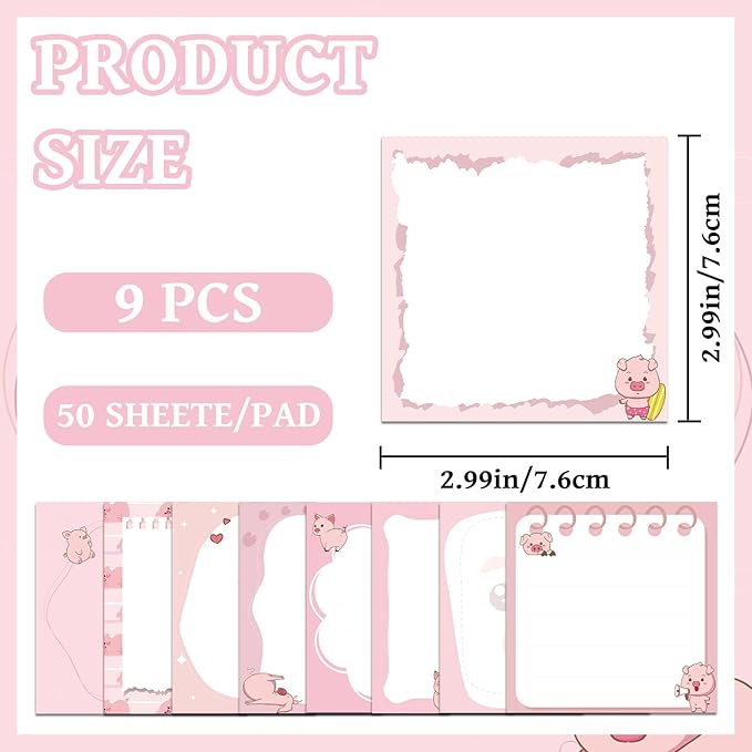 Pig Gifts Sticky Notes - 9 PCS Pink Piggy Self Stick Notes, Pig Gifts for Women Cute Notepads Office School Supplies for Students Teachers Piggy Lover 3x3 Inches