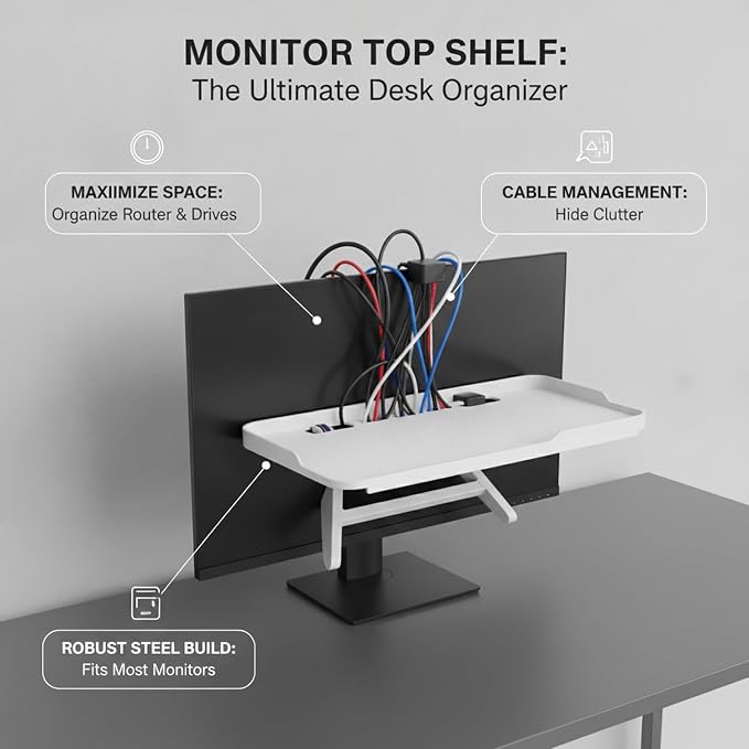 White Monitor Top Shelf with Cable Management, Steel Desk Organizer for Router and Modem, No-Drill Installation