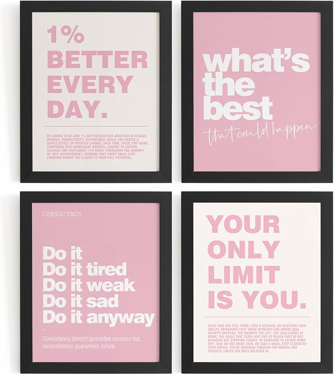 DSHFG Motivational Inspirational Office Wall Art Decor Prints Set of 4, Black Motivational Wall Decor Trendy Retro Posters for Office Home Decor, 12x16 Unframed (Pink)