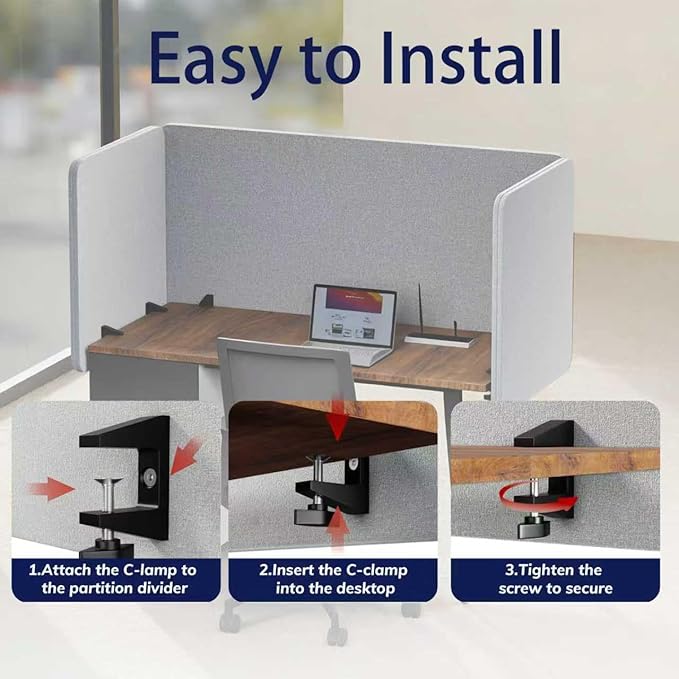 Desk Privacy Panel 24 x 60 Inch, Sound Absorbing & Proof Desk Divider for Office, Clamp-on/Screw-on Acoustic Desk Back Panel Partition, Gray