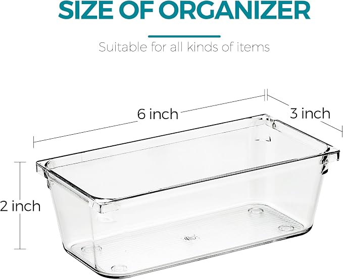 12 Pack Drawer Organizers, 3"X 6" Clear Acrylic Storage Bins | Acrylic Tray Design, Non-Slip Pads, Desk Storage Helper, For Makeup, Jewelry, Kitchen, Bathroom, Office Organization