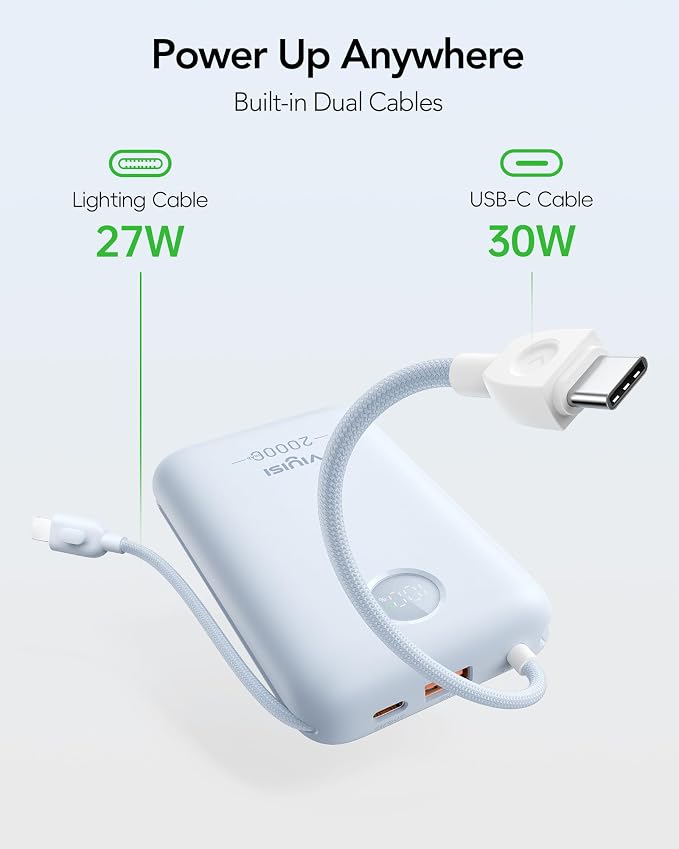 VIYISI Portable Charger 20000mAh 30W Fast Charging, Sky Blue Cute Power Bank with Built-in USB C & Lighting Cables, Compact Aesthetic Battery Pack Compatible with iPhone 17 16 15 Pro Max iPad, iPod