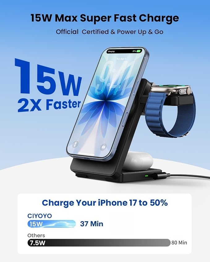 Magnetic Wireless Charging Station for Apple: Upgraded Certified 15W 3-in-1 Magsafe Wireless Charger Stand, Foldable Travel Fast Charger for iPhone 17 16 15 14 13 12 Series, Apple Watch, AirPods