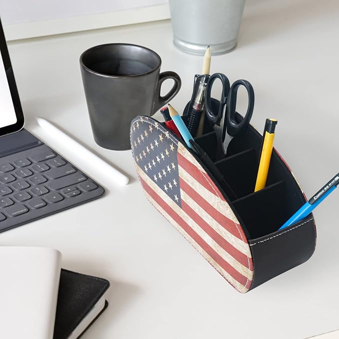 DreamsEden Remote Control Holder, Vintage American Flag Desktop Organizer Caddy 5 Compartments for TV Controller, Pen Pencil, Makeup Brush