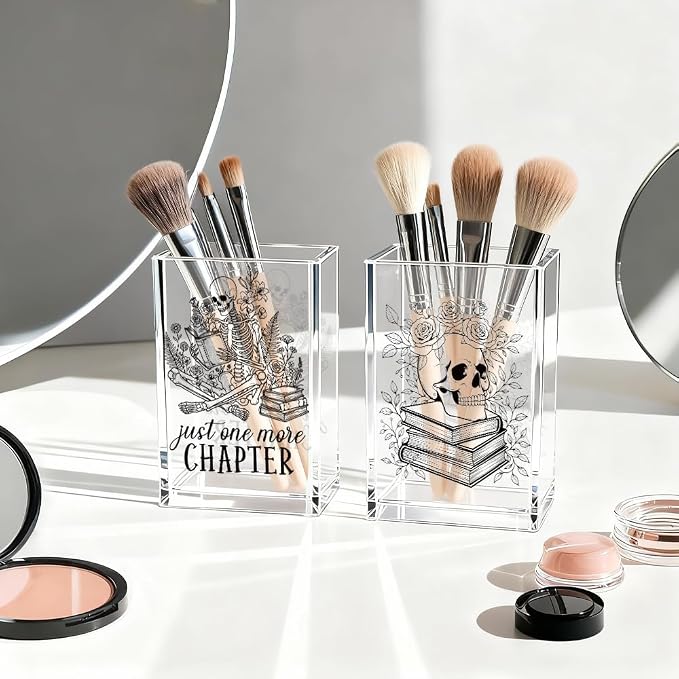 Just One More Chapter Acrylic Pen Holder Cup Set 2, Funny Skull Pencil Holder Desk Organizer, Skull Office Desk Accessories, Sarcastic Book Lover Gifts for Women Men Bookworms Coworkers Teachers